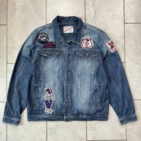 Y2K Parish Nation Jean Jacket Champions Patchwork Denim Vintage Men’s Size 4XL